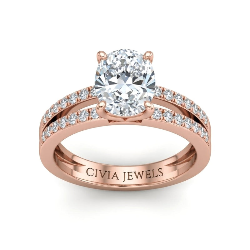 Rose Gold Oval Cut Double Row Pavé Split Band Engagement Ring With Classic Four Prong Solitaire Setting