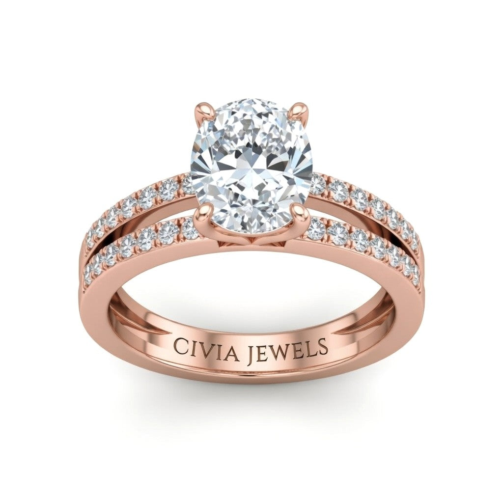 Rose Gold Oval Cut Double Row Pavé Split Band Engagement Ring With Classic Four Prong Solitaire Setting