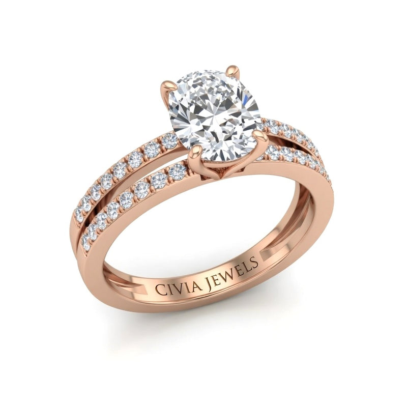 Rose Gold Oval Cut Double Row Pavé Split Band Engagement Ring With Classic Four Prong Solitaire Setting