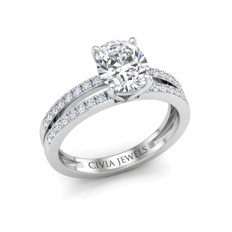 Silver Oval Cut Double Row Pavé Split Band Engagement Ring With Classic Four Prong Solitaire Setting