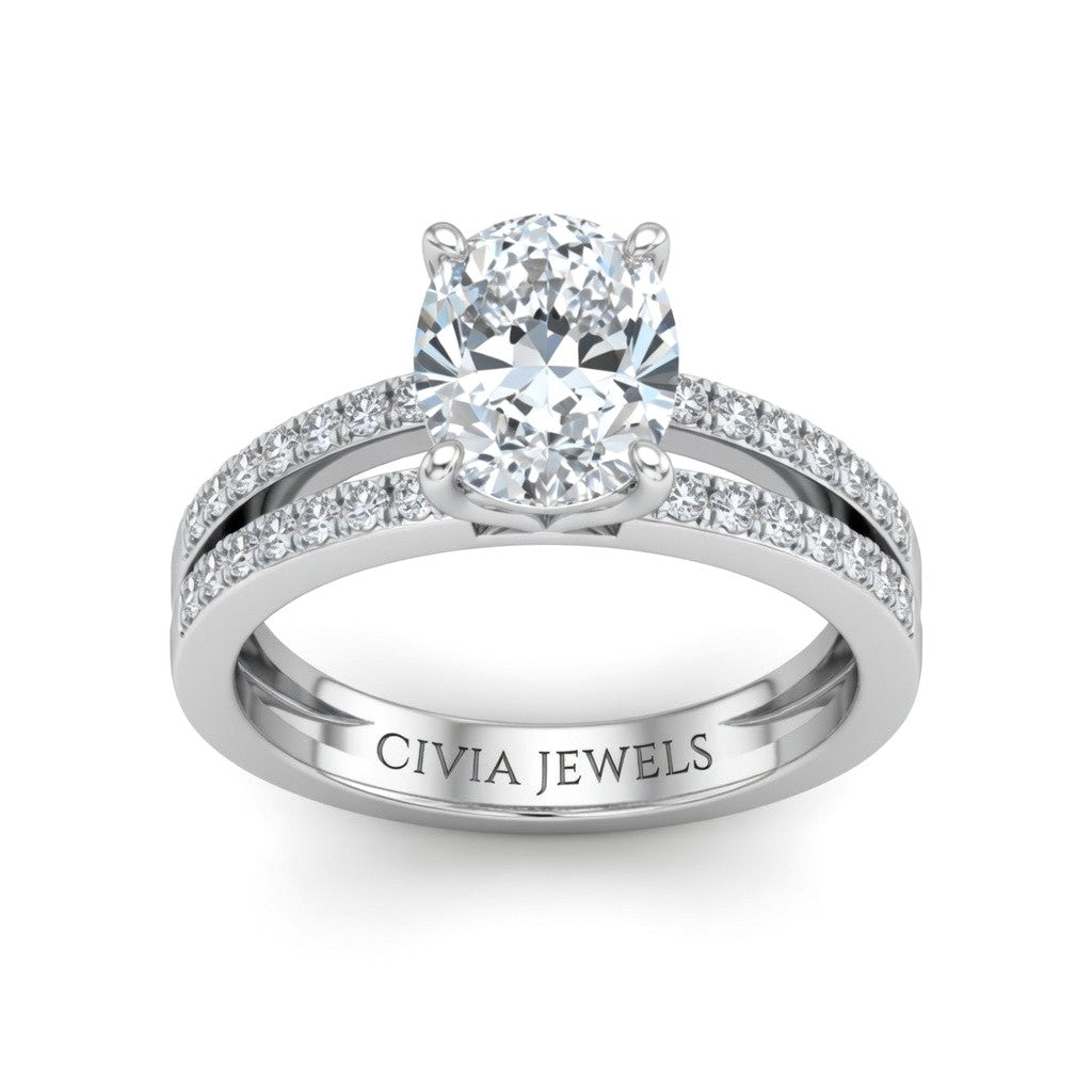 White Gold Oval Cut Double Row Pavé Split Band Engagement Ring With Classic Four Prong Solitaire Setting