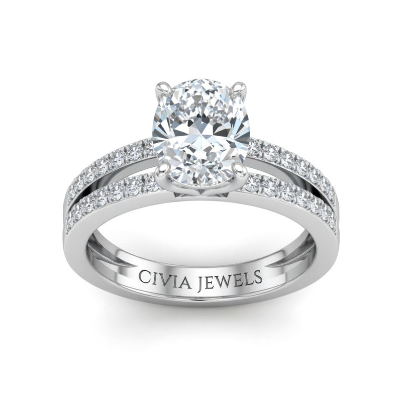 Silver Oval Cut Double Row Pavé Split Band Engagement Ring With Classic Four Prong Solitaire Setting