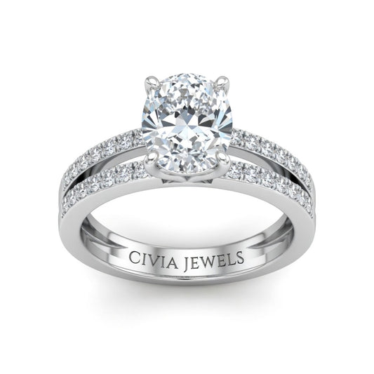Silver Oval Cut Double Row Pavé Split Band Engagement Ring With Classic Four Prong Solitaire Setting