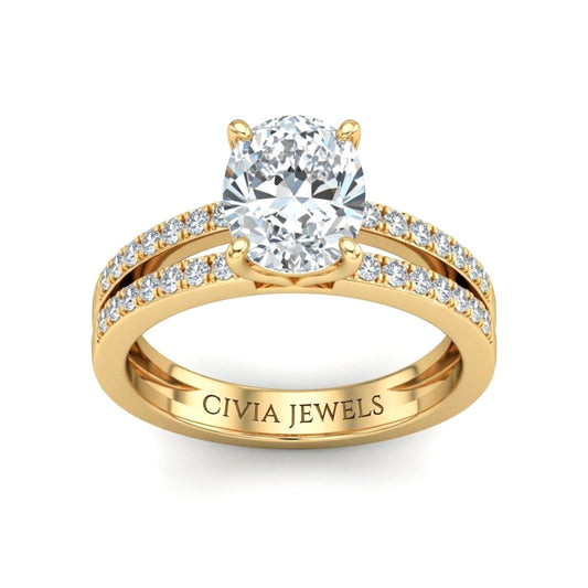 Yellow Gold Oval Cut Double Row Pavé Split Band Engagement Ring With Classic Four Prong Solitaire Setting