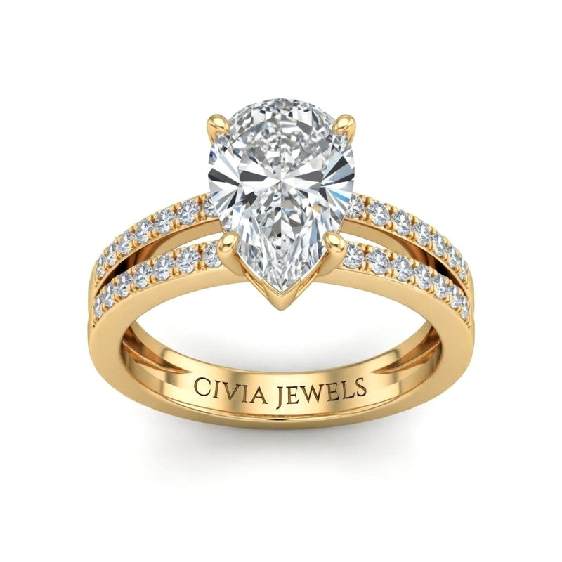 Yellow Gold Pear Cut Double Row Pavé Split Band Engagement Ring With Classic Four Prong Solitaire Setting
