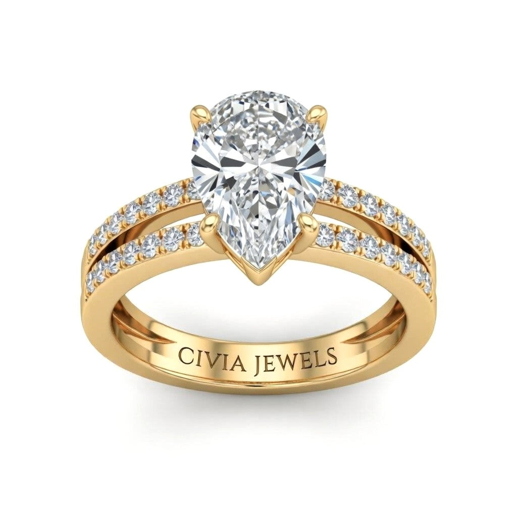 Yellow Gold Pear Cut Double Row Pavé Split Band Engagement Ring With Classic Four Prong Solitaire Setting