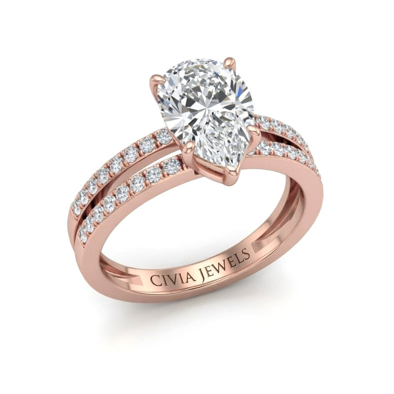 Rose Gold Pear Cut Double Row Pavé Split Band Engagement Ring With Classic Four Prong Solitaire Setting