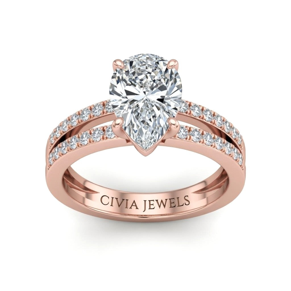 Rose Gold Pear Cut Double Row Pavé Split Band Engagement Ring With Classic Four Prong Solitaire Setting
