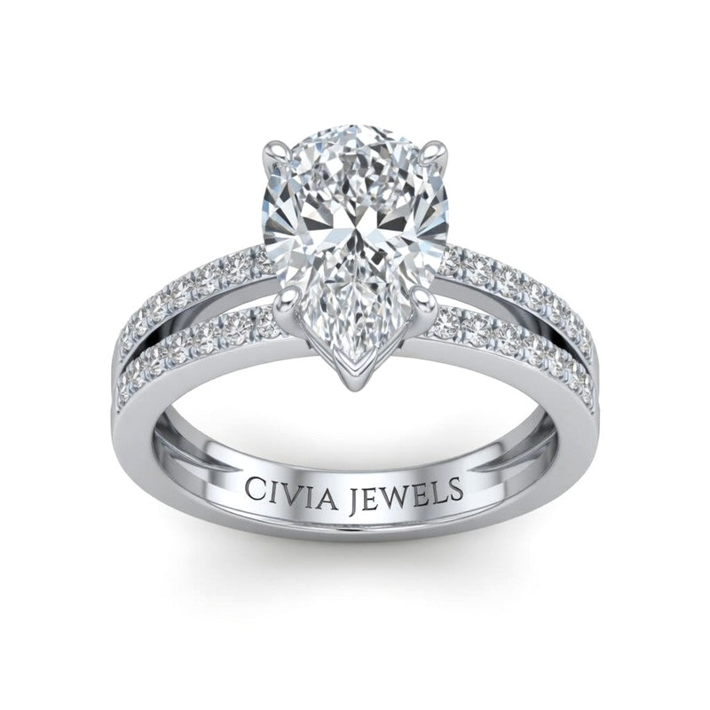 Silver Pear Cut Double Row Pavé Split Band Engagement Ring With Classic Four Prong Solitaire Setting