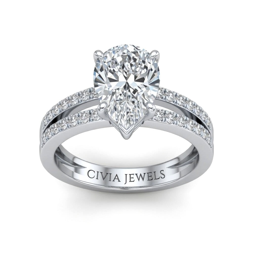 Silver Pear Cut Double Row Pavé Split Band Engagement Ring With Classic Four Prong Solitaire Setting