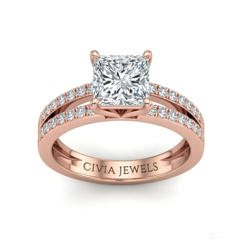 Rose Gold Princess Cut Double Row Pavé Split Band Engagement Ring With Classic Four Prong Solitaire Setting