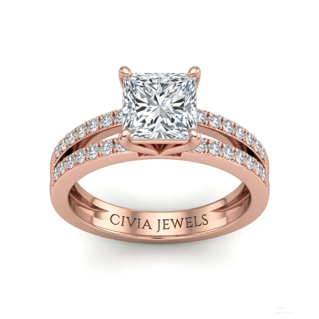 Rose Gold Princess Cut Double Row Pavé Split Band Engagement Ring With Classic Four Prong Solitaire Setting