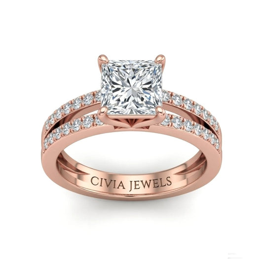 Rose Gold Princess Cut Double Row Pavé Split Band Engagement Ring With Classic Four Prong Solitaire Setting