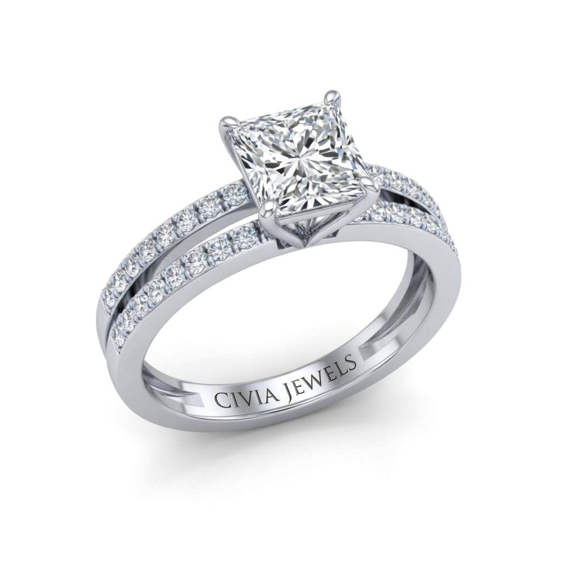 Silver Princess Cut Double Row Pavé Split Band Engagement Ring With Classic Four Prong Solitaire Setting