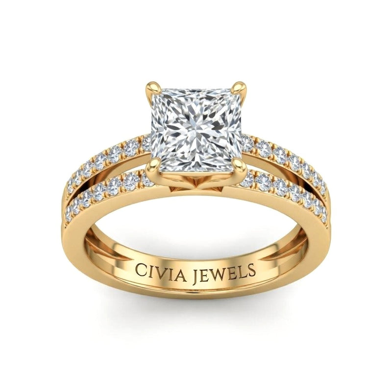 Yellow Gold Princess Cut Double Row Pavé Split Band Engagement Ring With Classic Four Prong Solitaire Setting