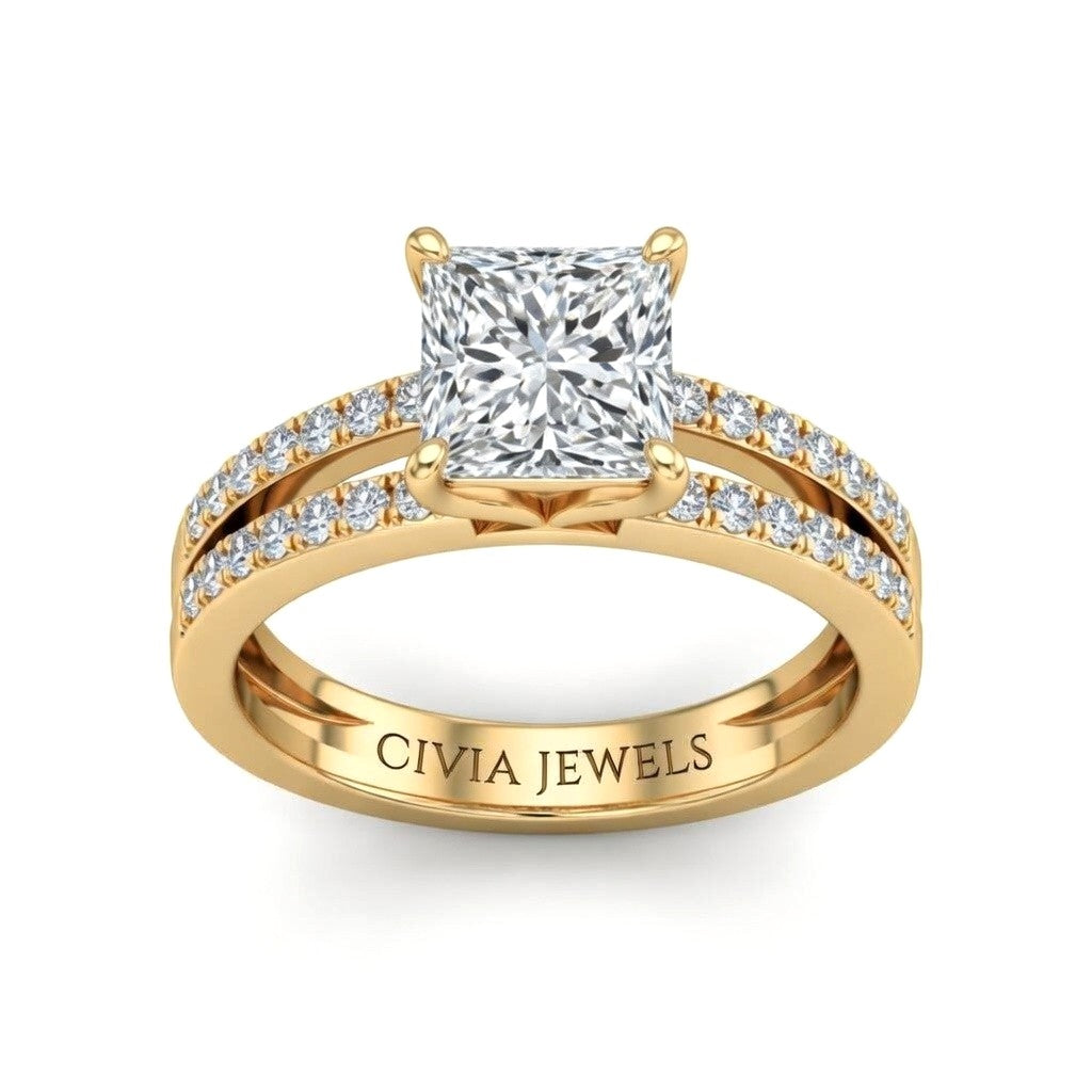 Yellow Gold Princess Cut Double Row Pavé Split Band Engagement Ring With Classic Four Prong Solitaire Setting