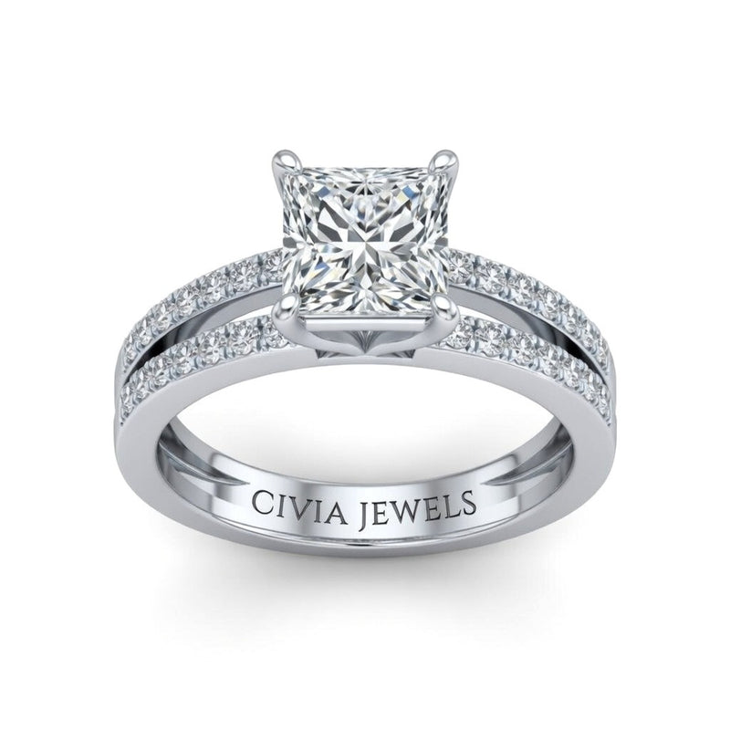 White Gold Princess Cut Double Row Pavé Split Band Engagement Ring With Classic Four Prong Solitaire Setting