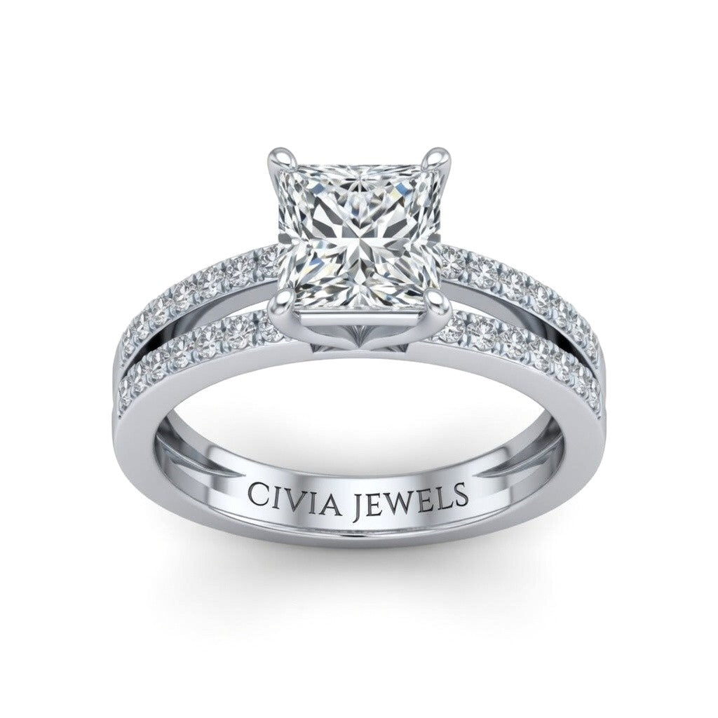 White Gold Princess Cut Double Row Pavé Split Band Engagement Ring With Classic Four Prong Solitaire Setting