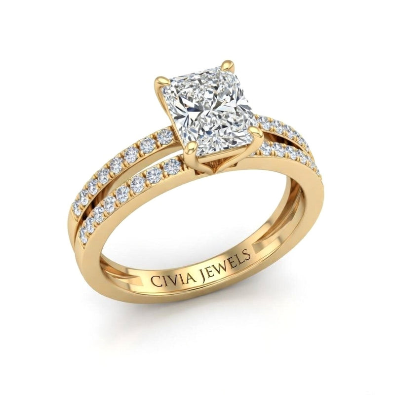 Yellow Gold Radiant Cut Double Row Pavé Split Band Engagement Ring With Classic Four Prong Solitaire Setting
