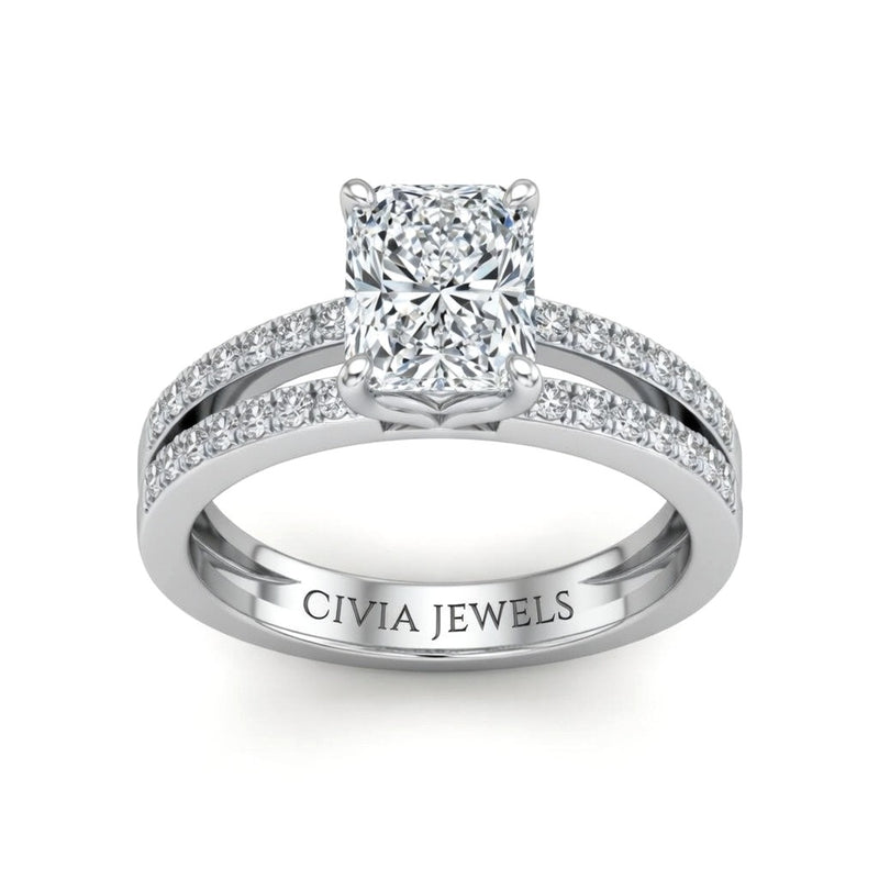 White Gold Radiant Cut Double Row Pavé Split Band Engagement Ring With Classic Four Prong Solitaire Setting
