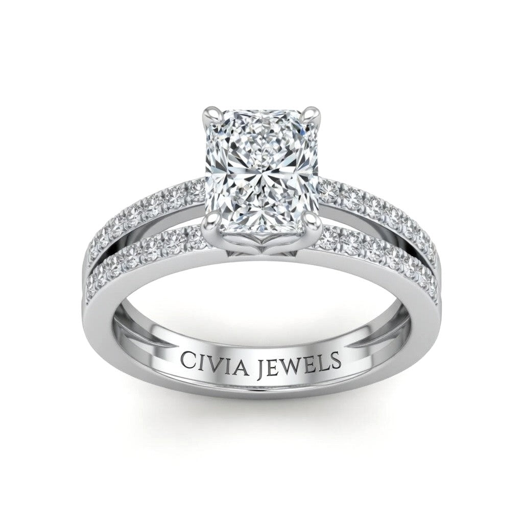 White Gold Radiant Cut Double Row Pavé Split Band Engagement Ring With Classic Four Prong Solitaire Setting