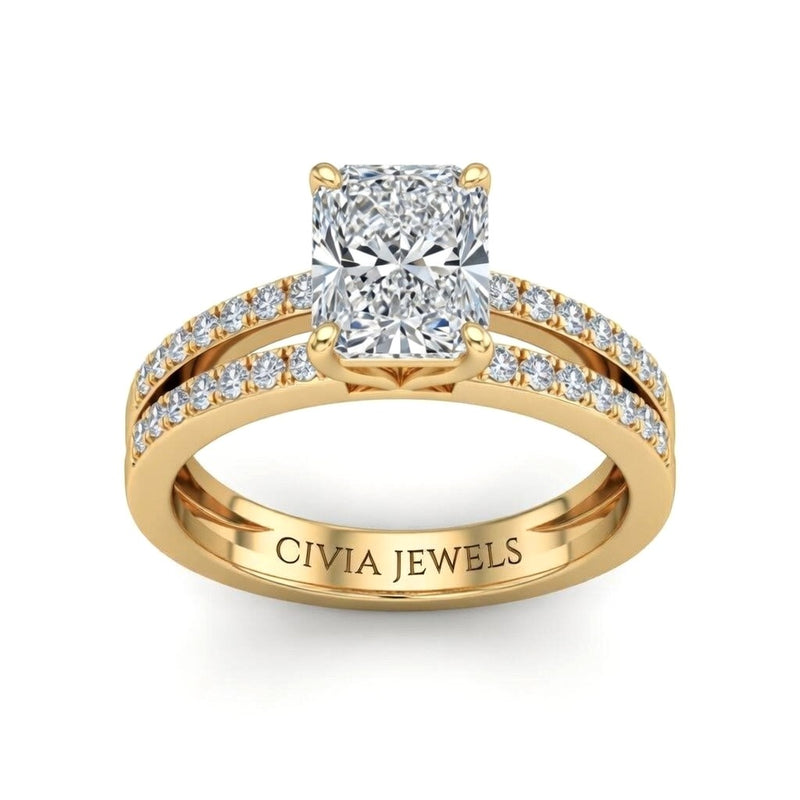 Yellow Gold Radiant Cut Double Row Pavé Split Band Engagement Ring With Classic Four Prong Solitaire Setting