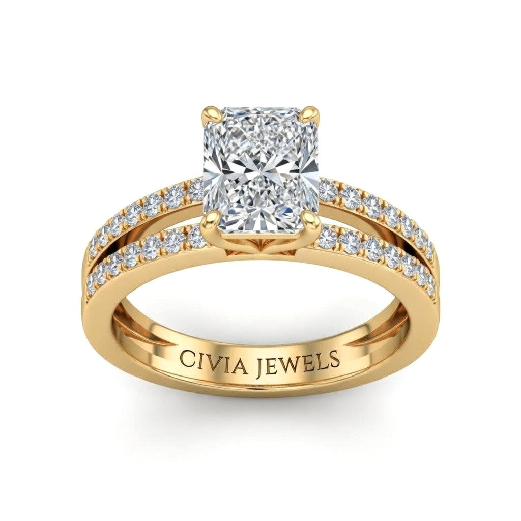 Yellow Gold Radiant Cut Double Row Pavé Split Band Engagement Ring With Classic Four Prong Solitaire Setting