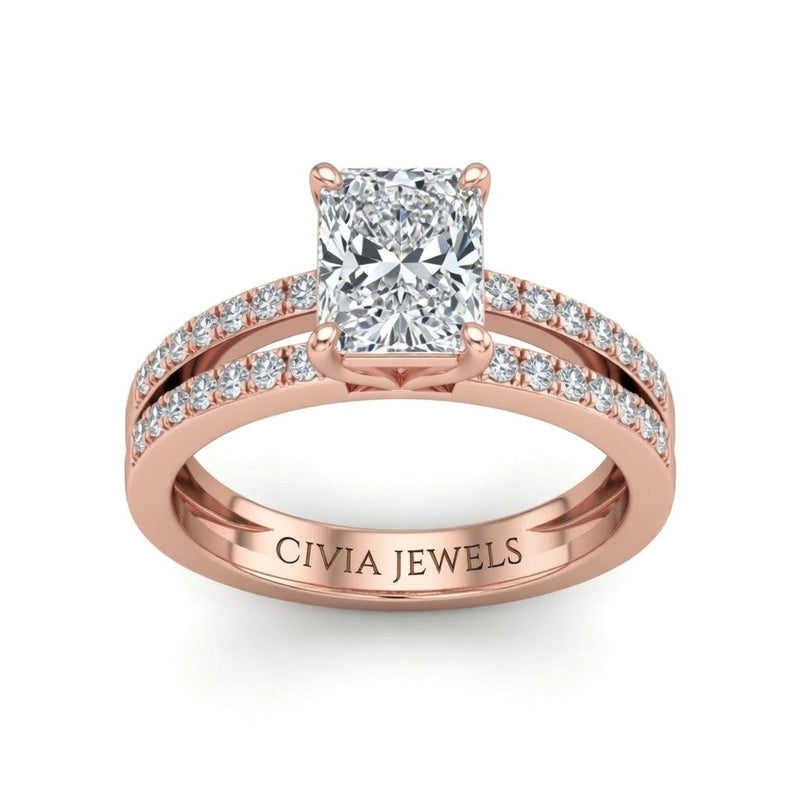 Rose Gold Radiant Cut Double Row Pavé Split Band Engagement Ring With Classic Four Prong Solitaire Setting