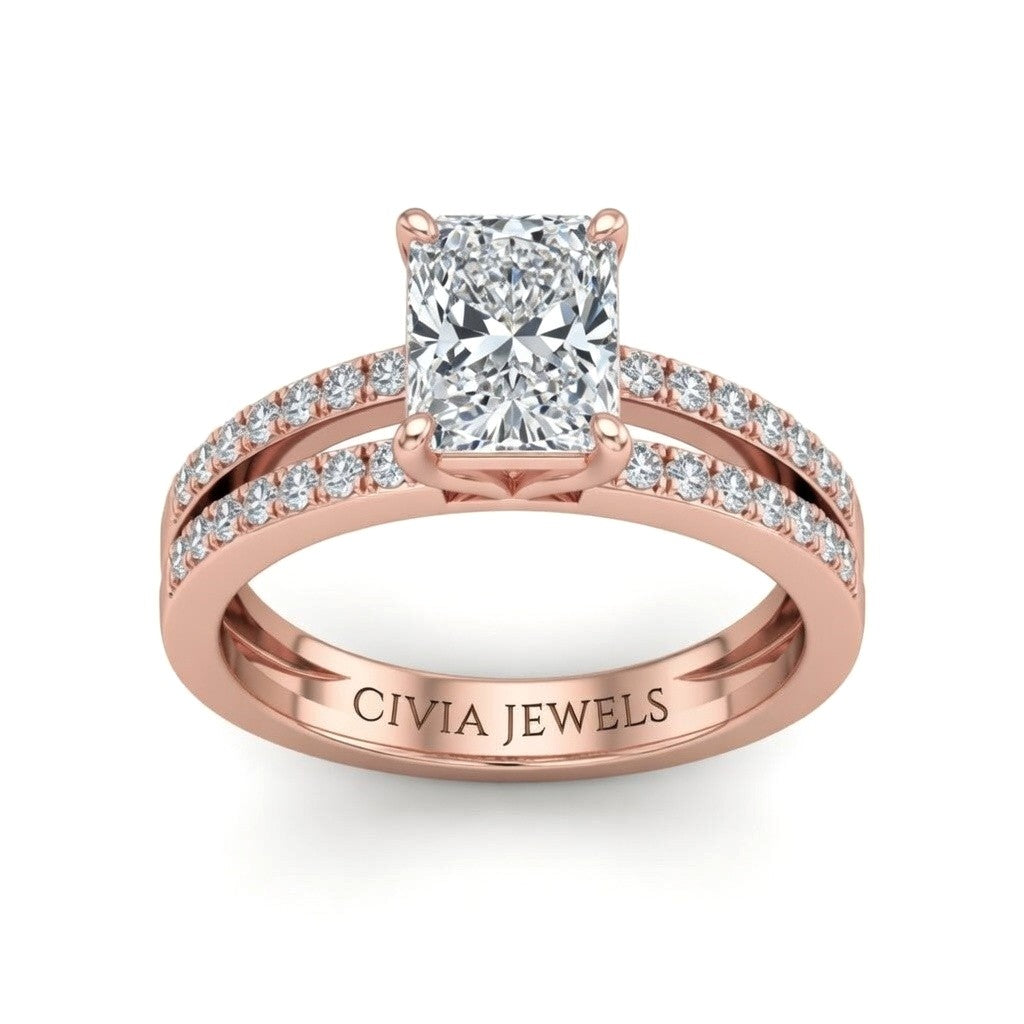 Rose Gold Radiant Cut Double Row Pavé Split Band Engagement Ring With Classic Four Prong Solitaire Setting