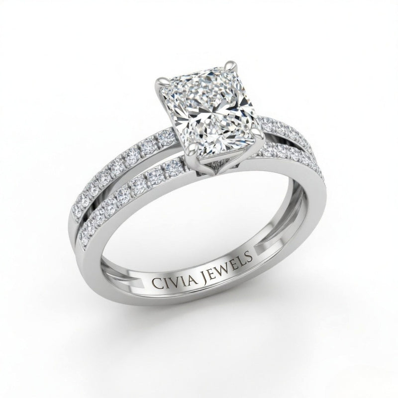 White Gold Radiant Cut Double Row Pavé Split Band Engagement Ring With Classic Four Prong Solitaire Setting
