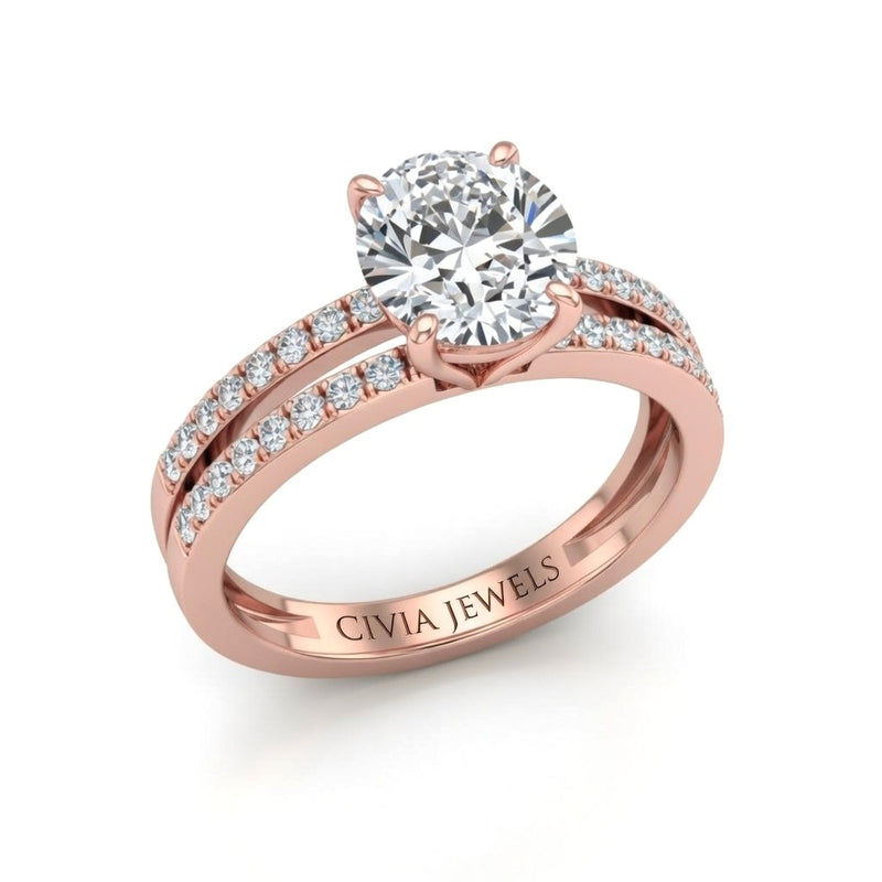 Rose Gold Round Cut Double Row Pavé Split Band Engagement Ring With Classic Four Prong Solitaire Setting