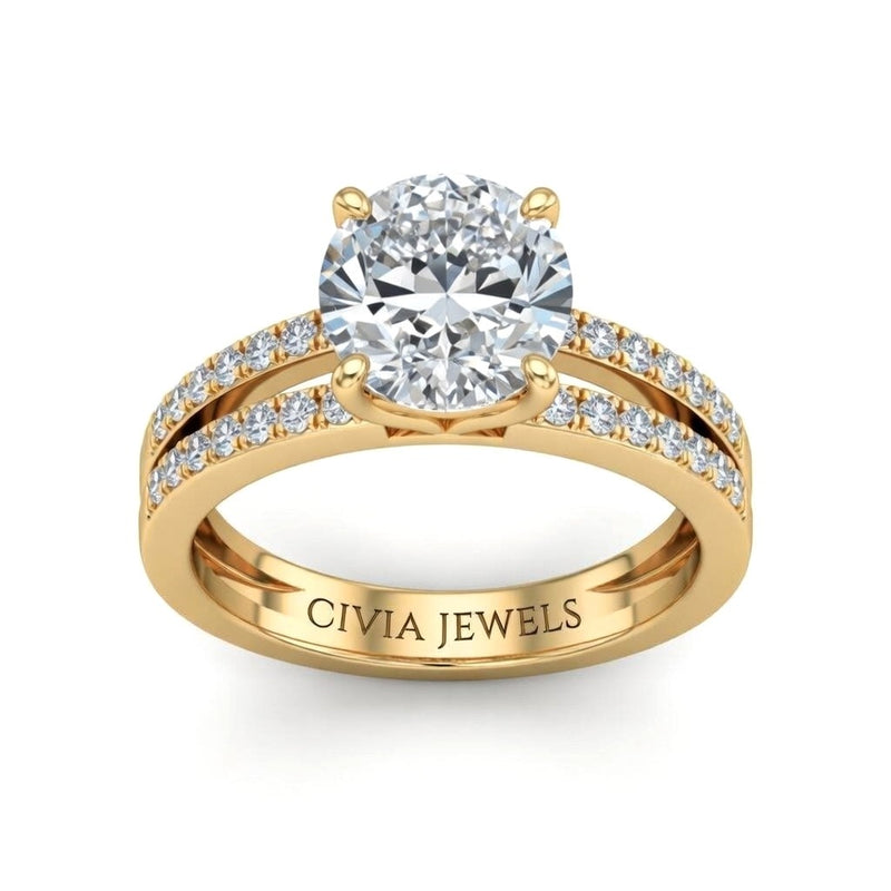 Yellow Gold Round Cut Double Row Pavé Split Band Engagement Ring With Classic Four Prong Solitaire Setting