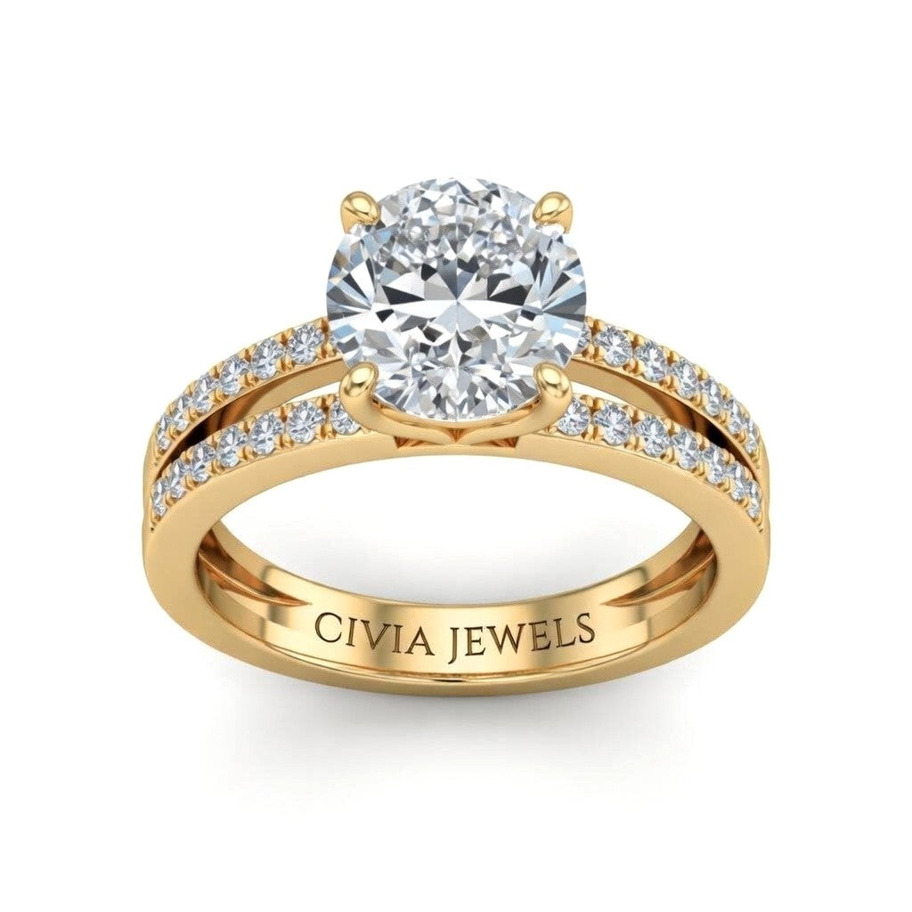 Yellow Gold Round Cut Double Row Pavé Split Band Engagement Ring With Classic Four Prong Solitaire Setting