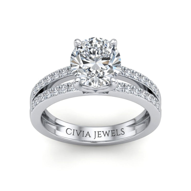 Silver Round Cut Double Row Pavé Split Band Engagement Ring With Classic Four Prong Solitaire Setting