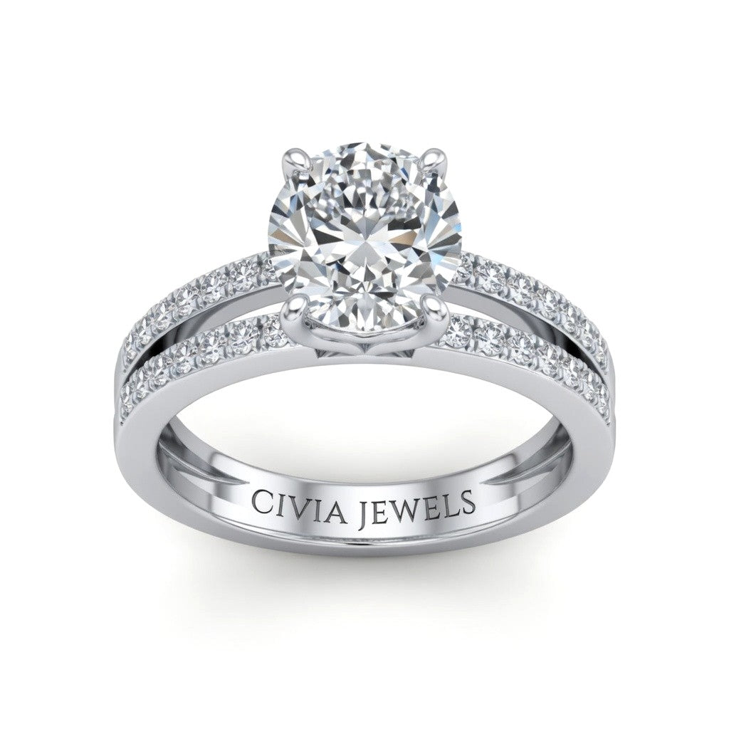 Silver Round Cut Double Row Pavé Split Band Engagement Ring With Classic Four Prong Solitaire Setting