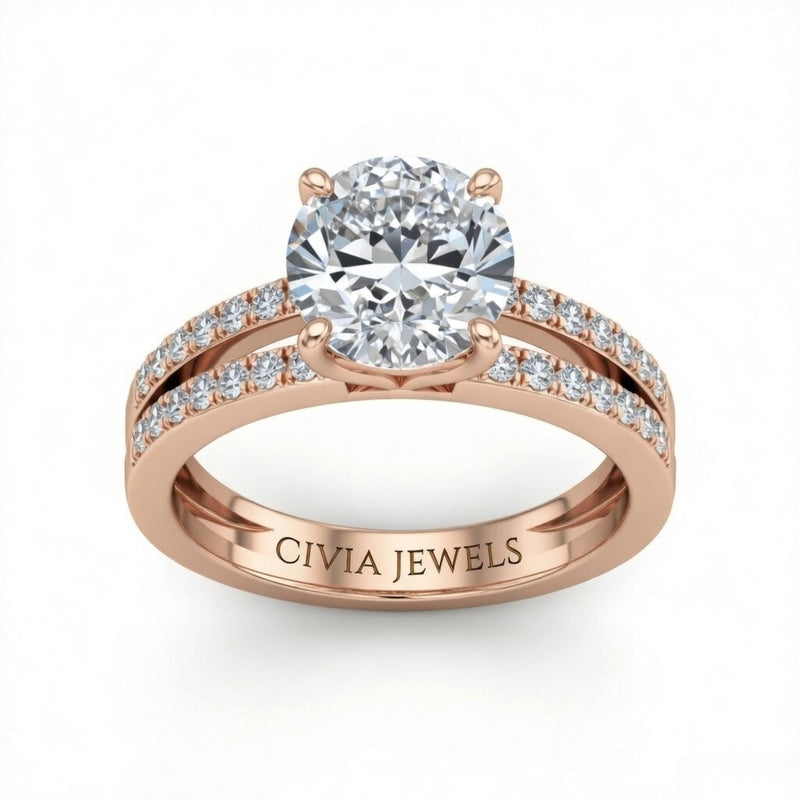 Rose Gold Round Cut Double Row Pavé Split Band Engagement Ring With Classic Four Prong Solitaire Setting