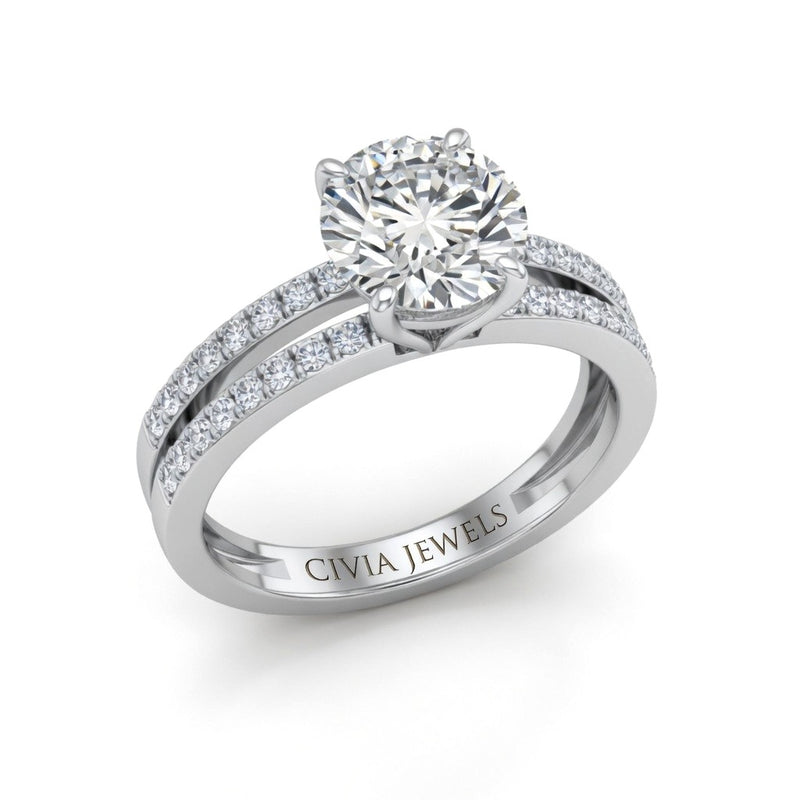 Silver Round Cut Double Row Pavé Split Band Engagement Ring With Classic Four Prong Solitaire Setting