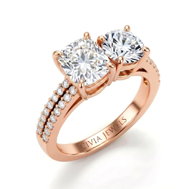 Rose Gold Cushion & Round Diamond Modern Two Stone Ring With Side Diamonds
