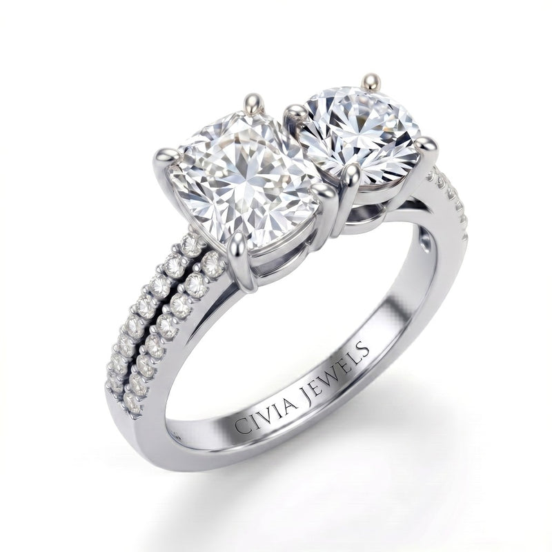 Silver Cushion & Round Diamond Modern Two Stone Ring With Side Diamonds