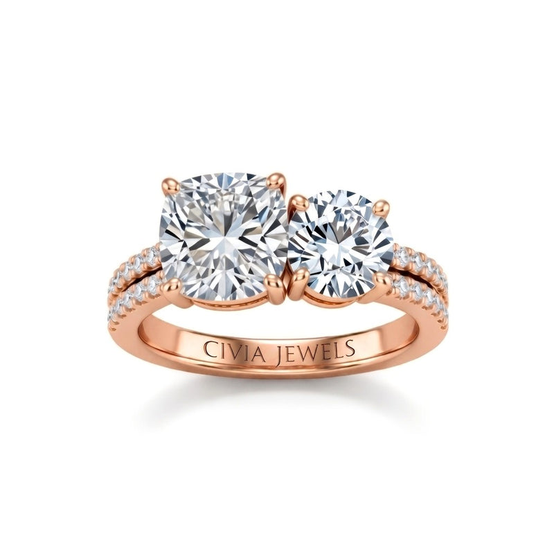 Rose Gold Cushion & Round Diamond Modern Two Stone Ring With Side Diamonds