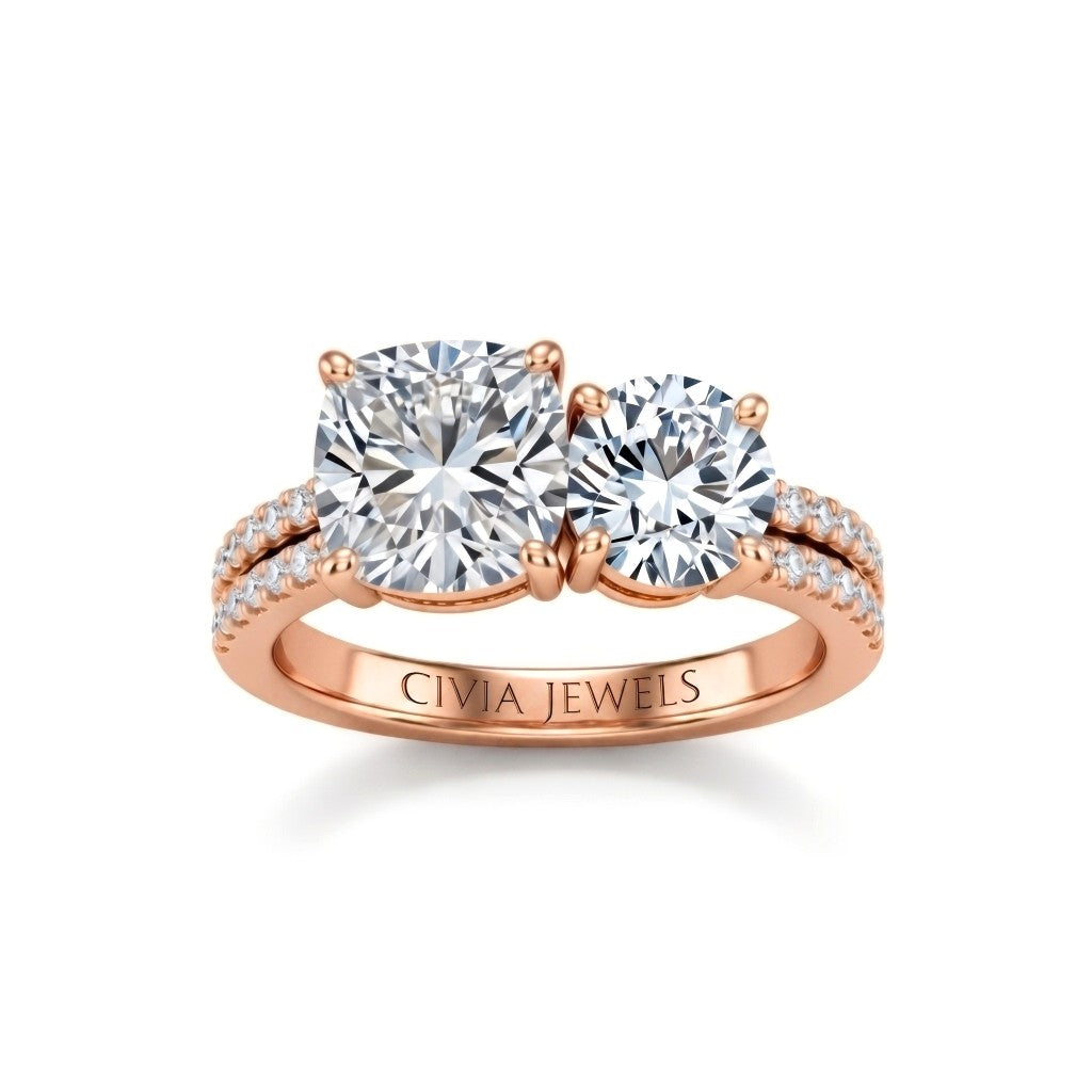 Rose Gold Cushion & Round Diamond Modern Two Stone Ring With Side Diamonds