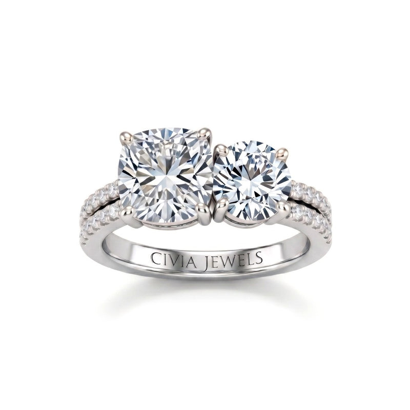 Silver Cushion & Round Diamond Modern Two Stone Ring With Side Diamonds