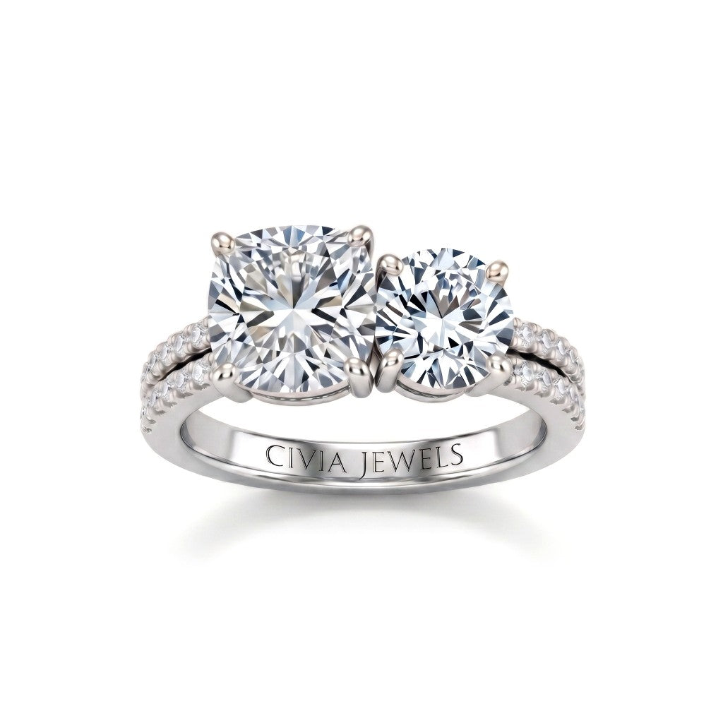 White Gold Cushion & Round Diamond Modern Two Stone Ring With Side Diamonds