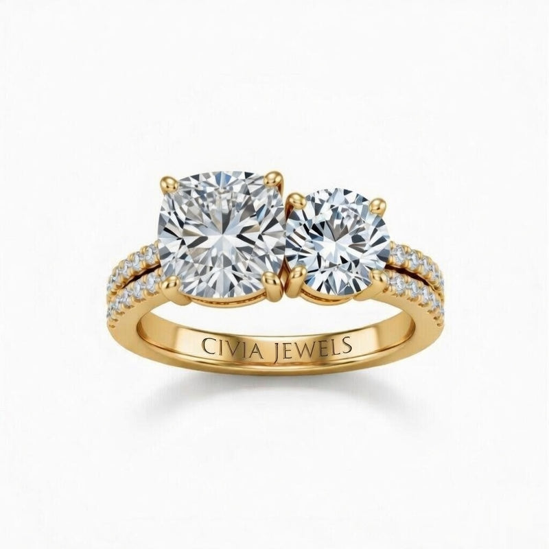 Yellow Gold Cushion & Round Diamond Modern Two Stone Ring With Side Diamonds