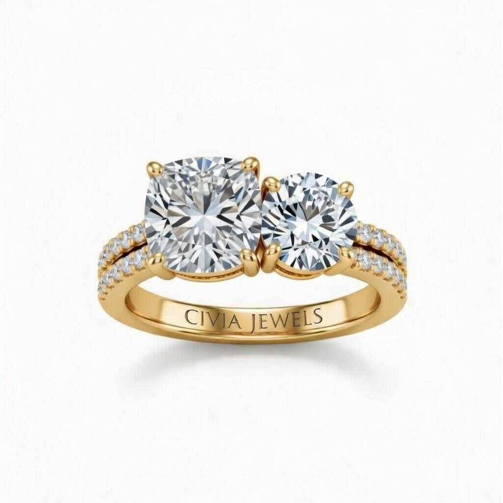 Yellow Gold Cushion & Round Diamond Modern Two Stone Ring With Side Diamonds