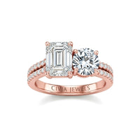Rose Gold Emerald & Round Diamond Modern Two Stone Ring With Side Diamonds