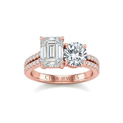 Rose Gold Emerald & Round Diamond Modern Two Stone Ring With Side Diamonds