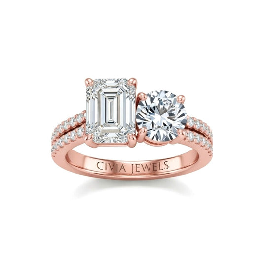 Rose Gold Emerald & Round Diamond Modern Two Stone Ring With Side Diamonds