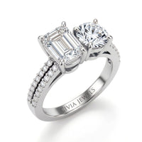 White Gold Emerald & Round Diamond Modern Two Stone Ring With Side Diamonds