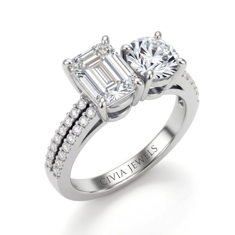 Silver Emerald & Round Diamond Modern Two Stone Ring With Side Diamonds